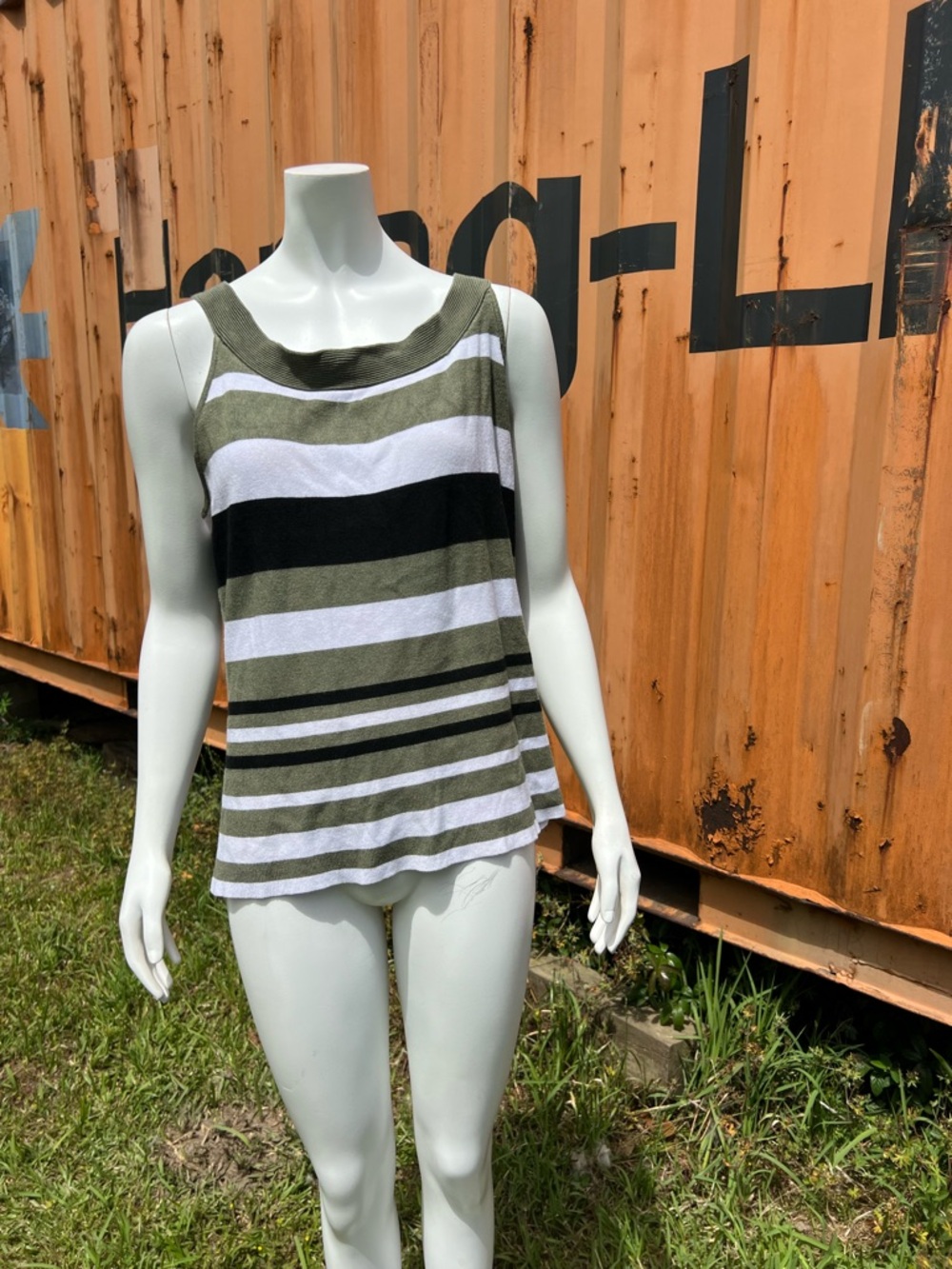 Striped Sleeveless Tank Top in Olive, Black & White